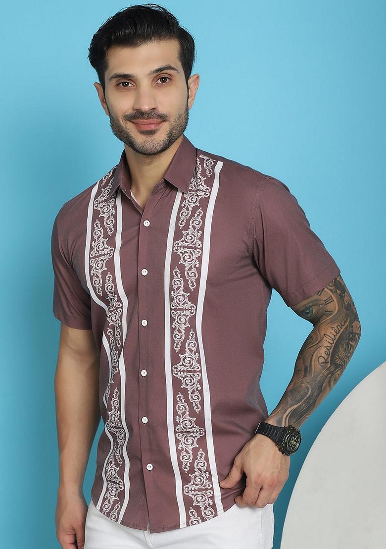 Magenta Printed Cotton Blend Shirt For Men