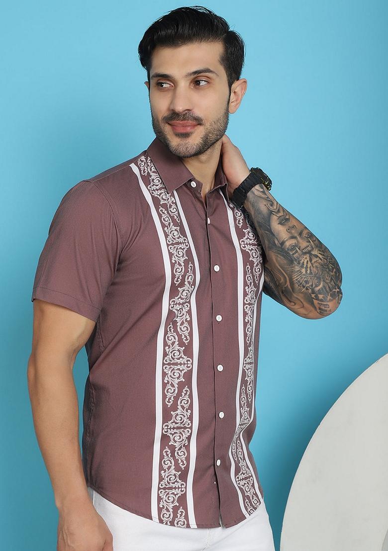 Magenta Printed Cotton Blend Shirt For Men