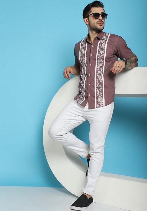 Magenta Printed Cotton Blend Shirt For Men
