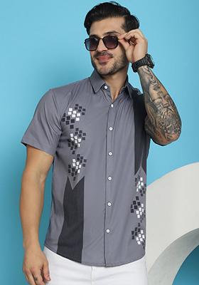 Grey Printed Cotton Blend Shirt For Men