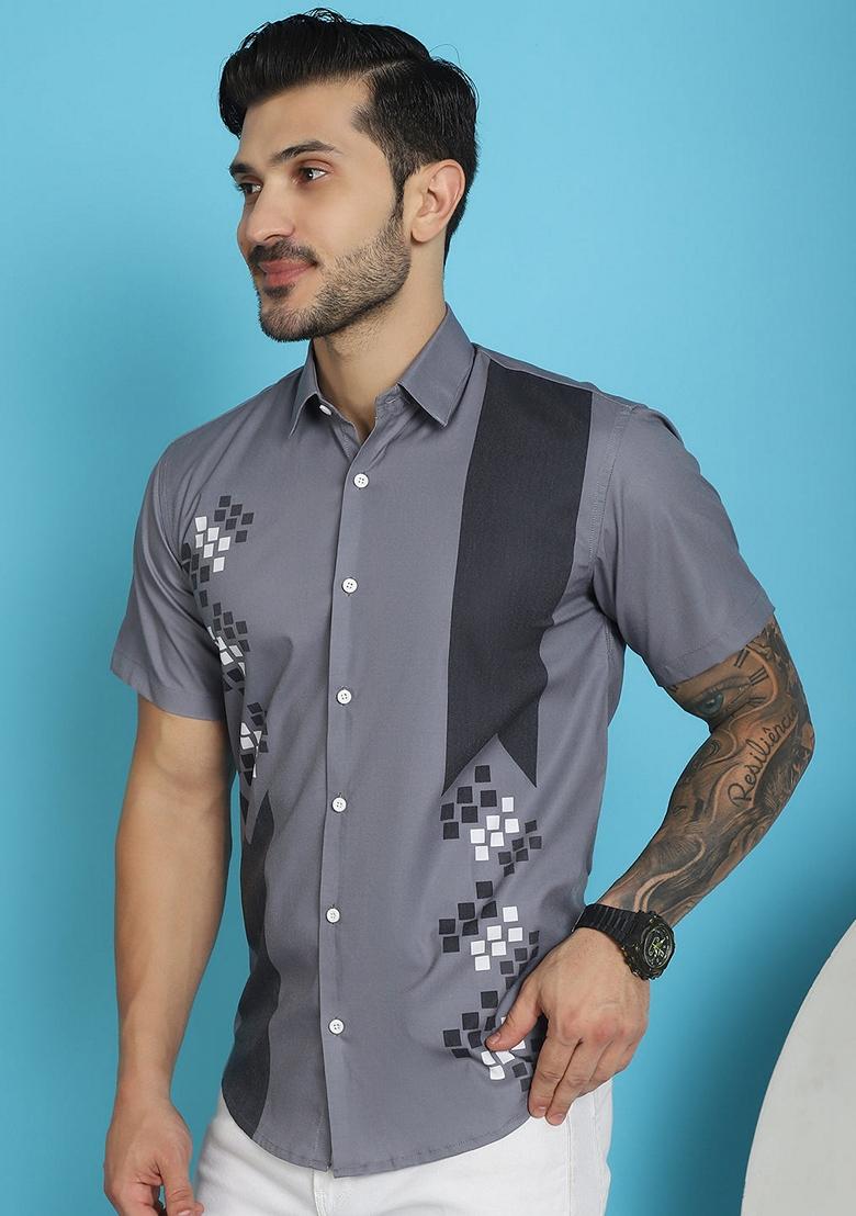 Grey Printed Cotton Blend Shirt For Men