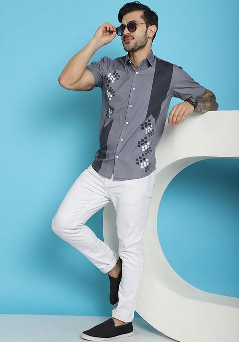 Grey Printed Cotton Blend Shirt For Men