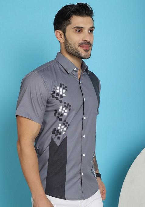 Grey Printed Cotton Blend Shirt For Men