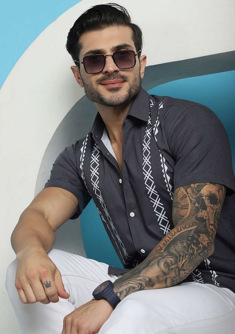 Charcoal Printed Cotton Blend Shirt For Men - Indya