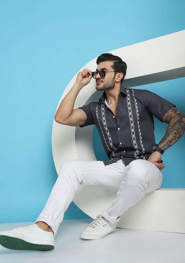 Charcoal Printed Cotton Blend Shirt For Men - Indya