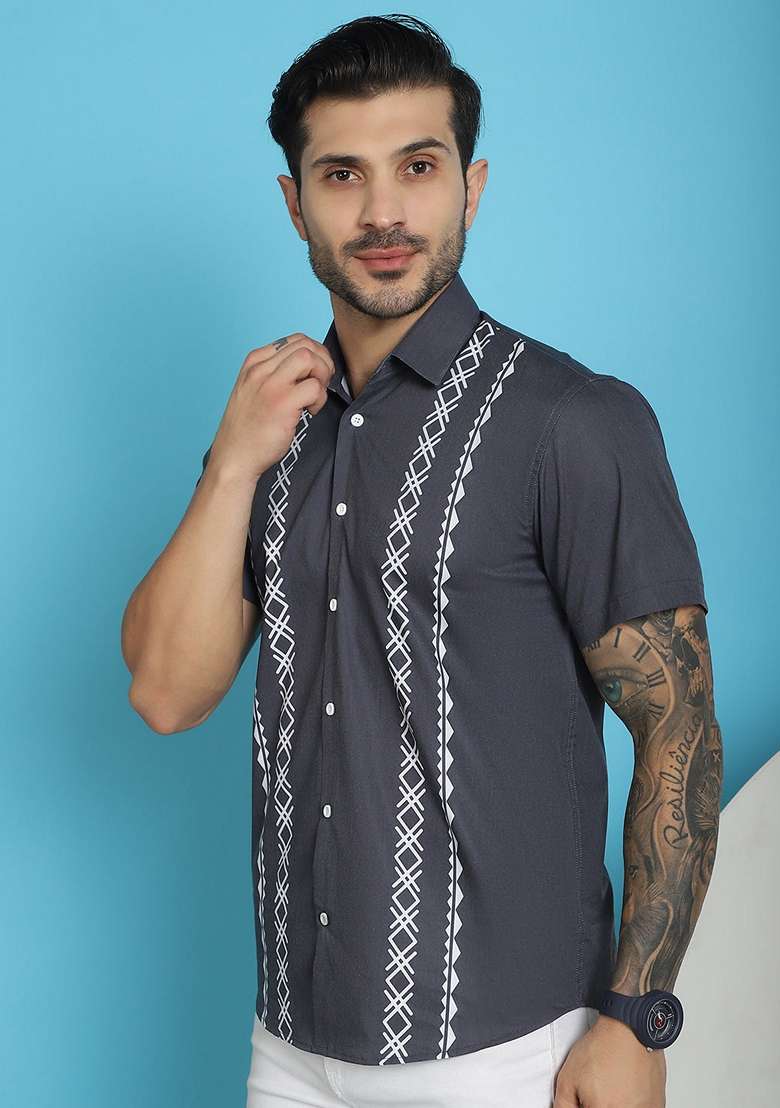 Charcoal Printed Cotton Blend Shirt For Men - Indya