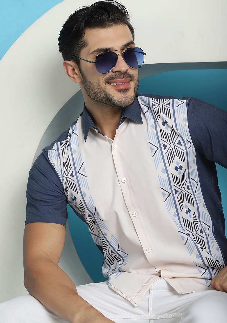 White Printed Cotton Blend Shirt For Men - Indya