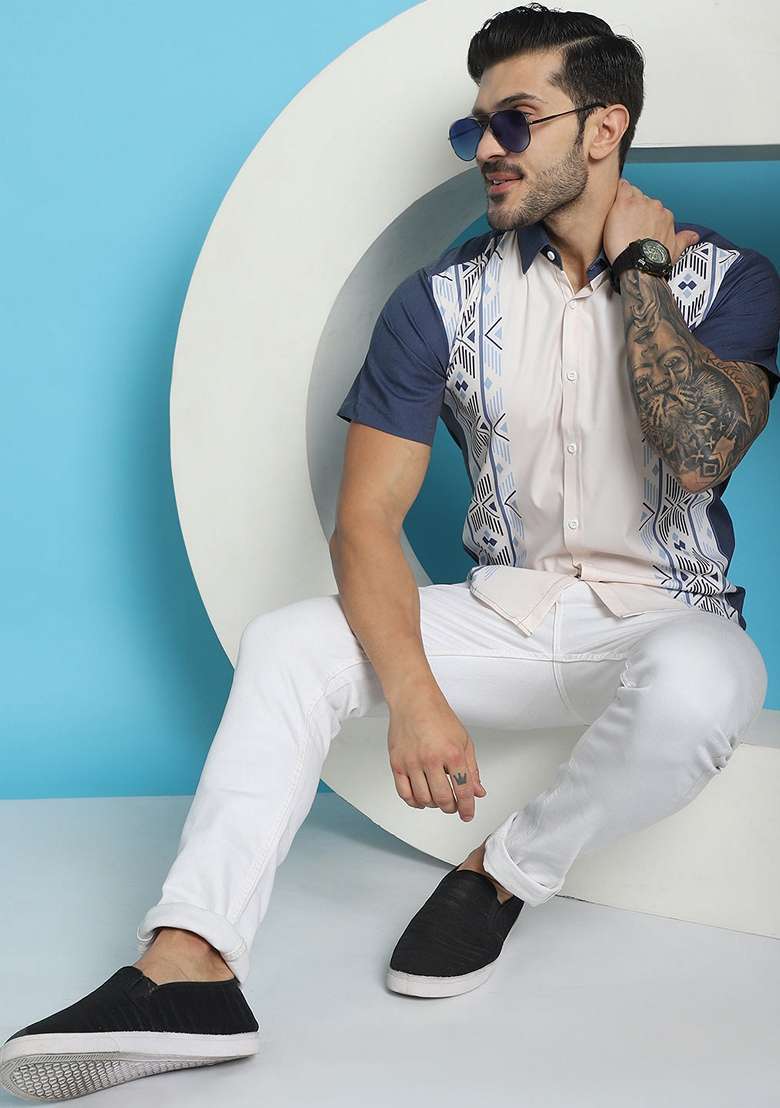 White Printed Cotton Blend Shirt For Men - Indya