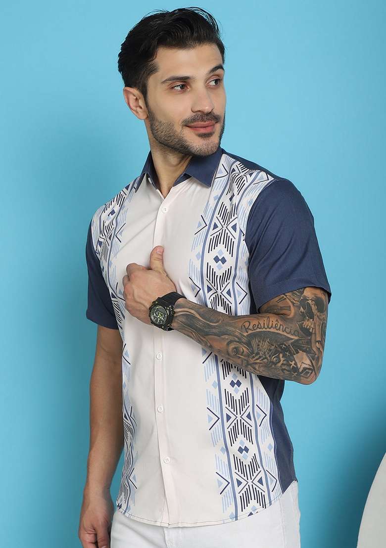 White Printed Cotton Blend Shirt For Men - Indya