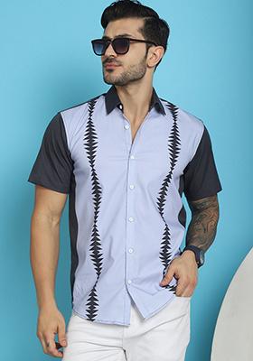 Sky Blue Printed Cotton Blend Shirt For Men