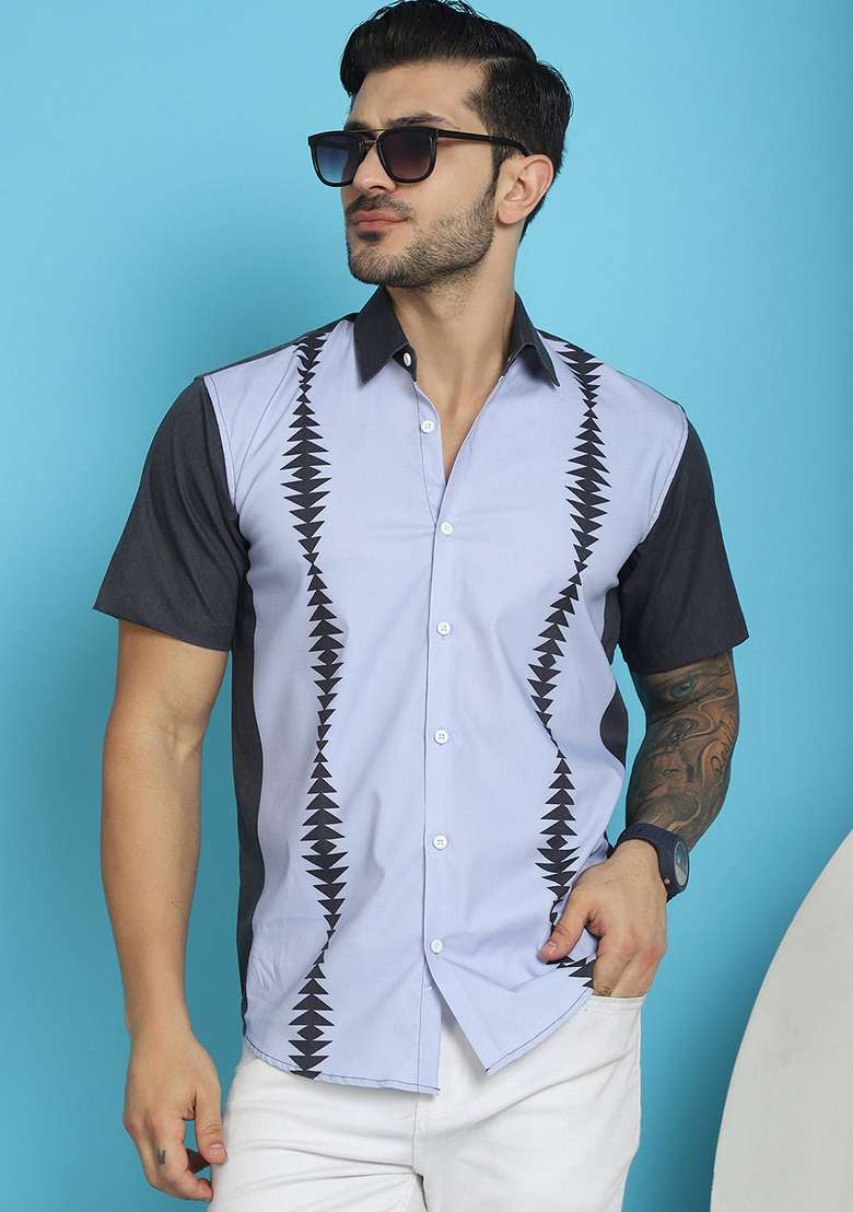 Sky Blue Printed Cotton Blend Shirt For Men - Indya