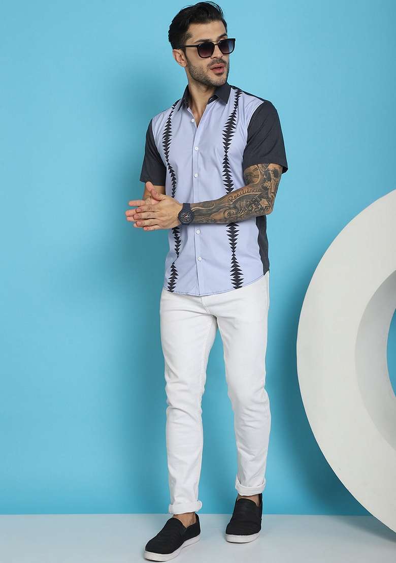 Sky Blue Printed Cotton Blend Shirt For Men - Indya