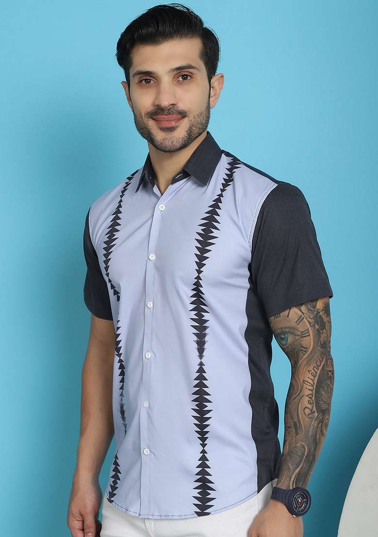 Sky Blue Printed Cotton Blend Shirt For Men - Indya