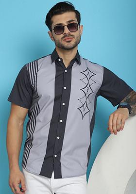 Grey Printed Cotton Blend Shirt For Men