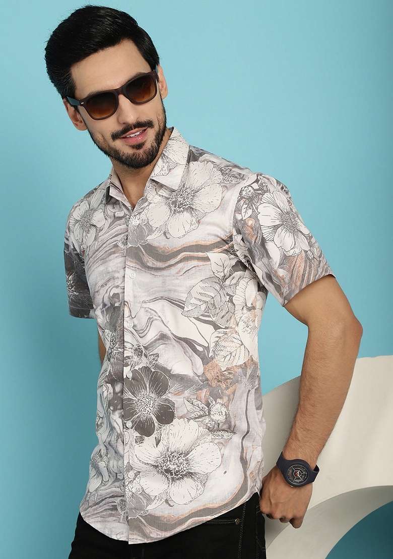 Cream Printed Cotton Blend Shirt For Men - Indya