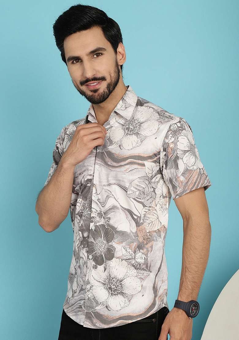 Cream Printed Cotton Blend Shirt For Men - Indya