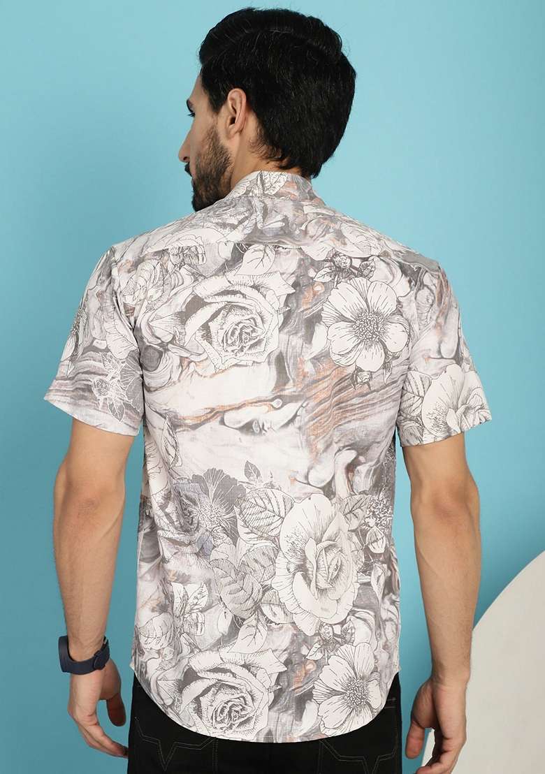 Cream Printed Cotton Blend Shirt For Men - Indya