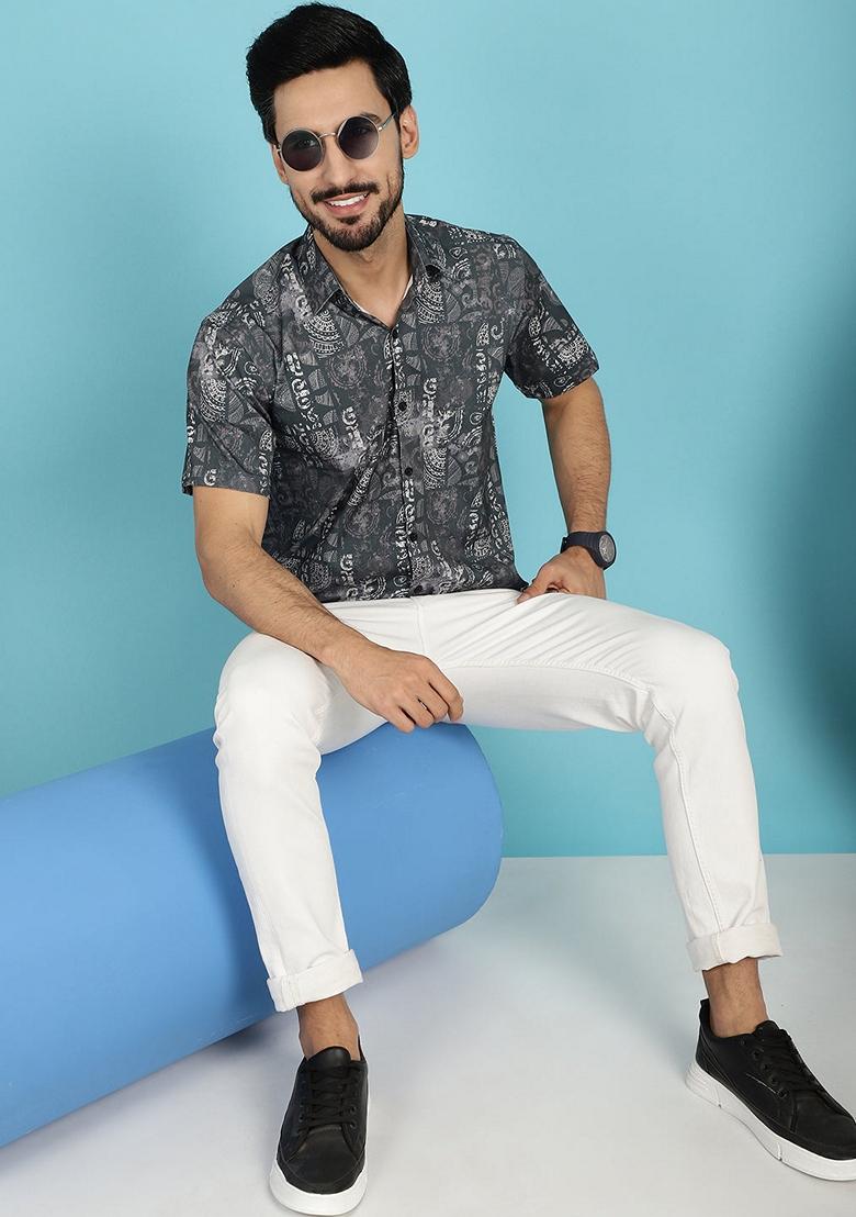 Charcoal Printed Cotton Blend Shirt For Men - Indya