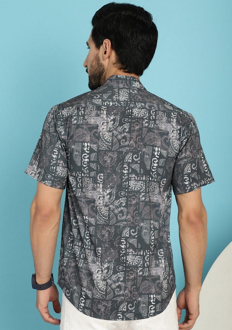 Charcoal Printed Cotton Blend Shirt For Men - Indya