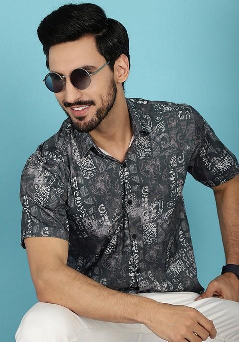 Charcoal Printed Cotton Blend Shirt For Men