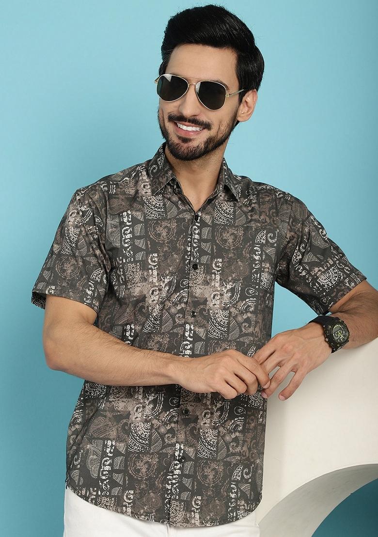 Brown Printed Cotton Blend Shirt For Men