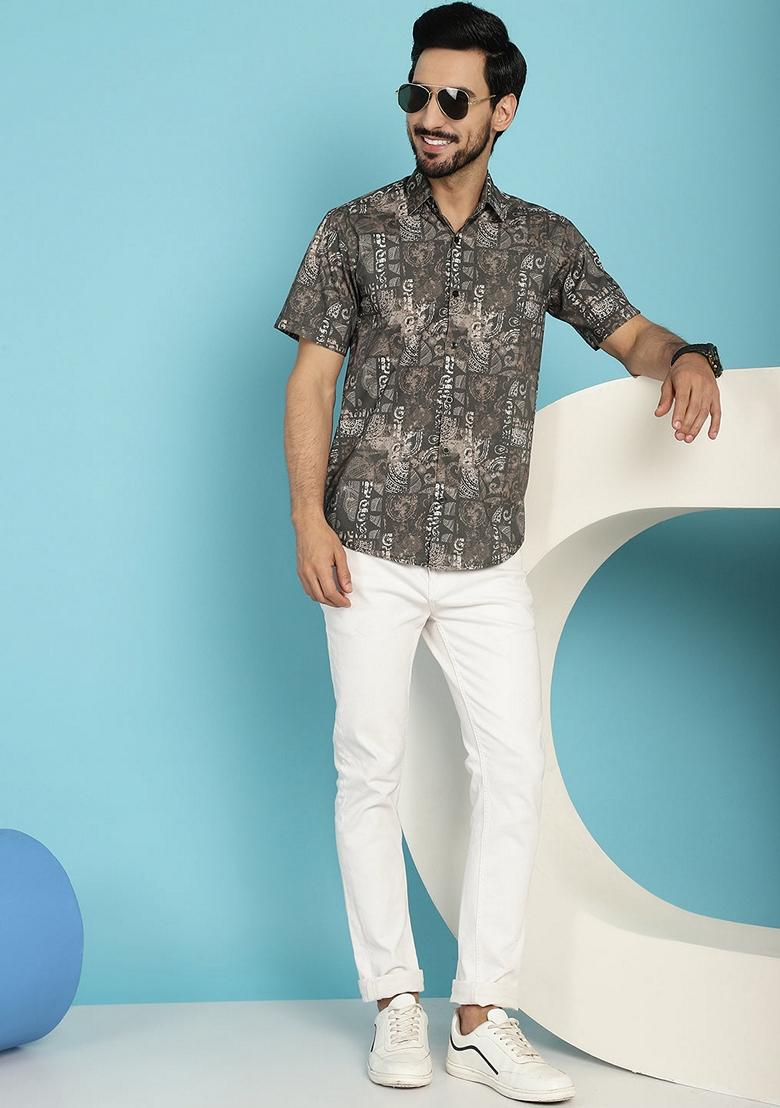 Brown Printed Cotton Blend Shirt For Men - Indya