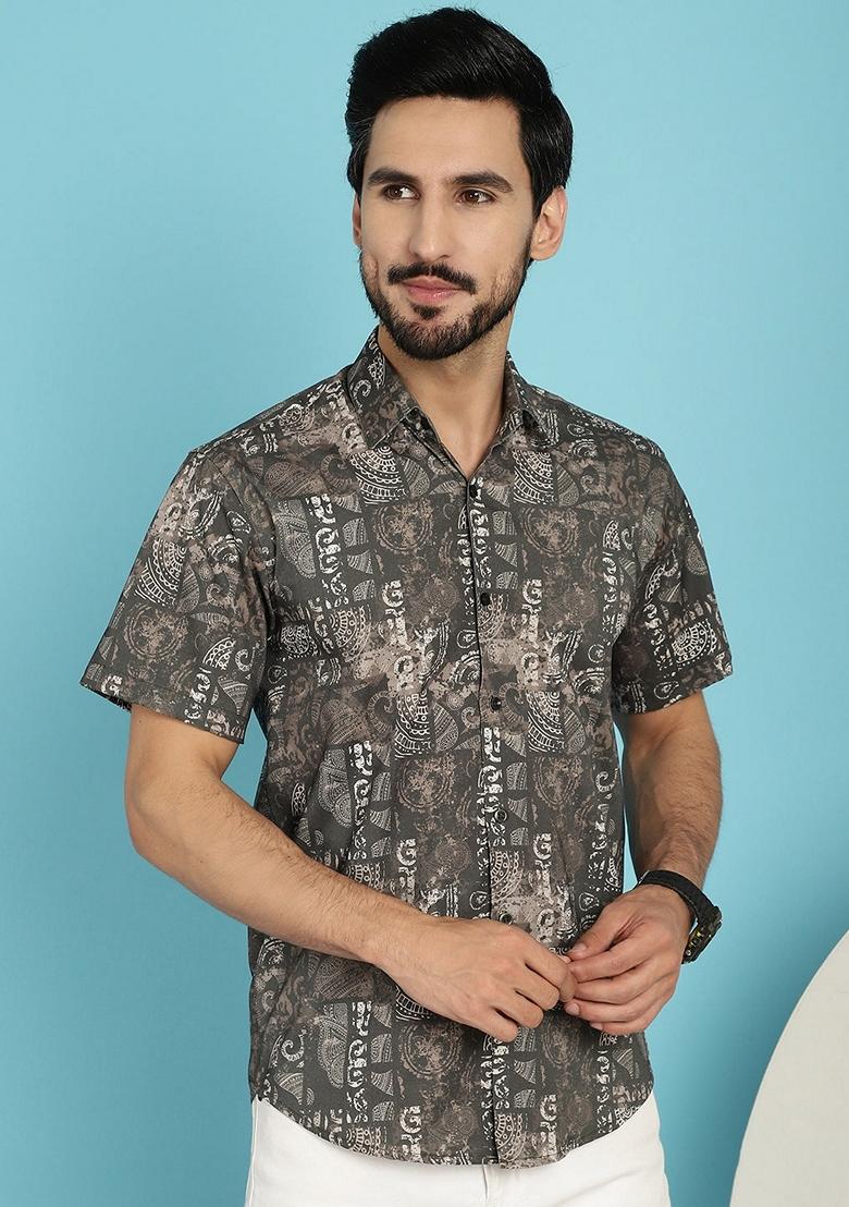 Brown Printed Cotton Blend Shirt For Men