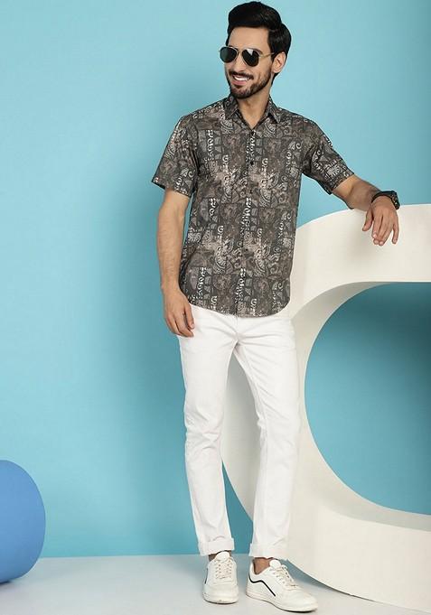 Brown Printed Cotton Blend Shirt For Men