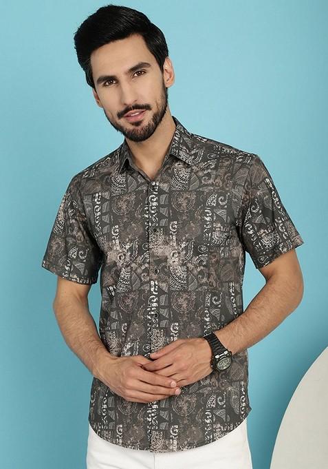 Brown Printed Cotton Blend Shirt For Men