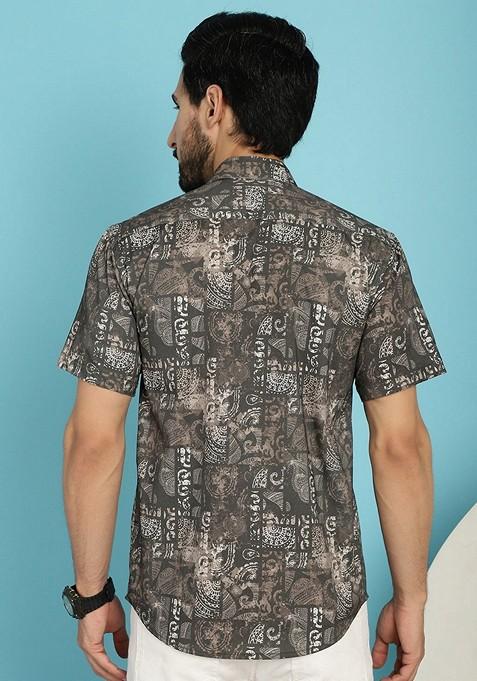 Brown Printed Cotton Blend Shirt For Men
