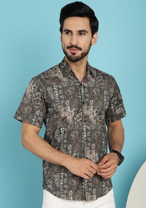 Brown Printed Cotton Blend Shirt For Men