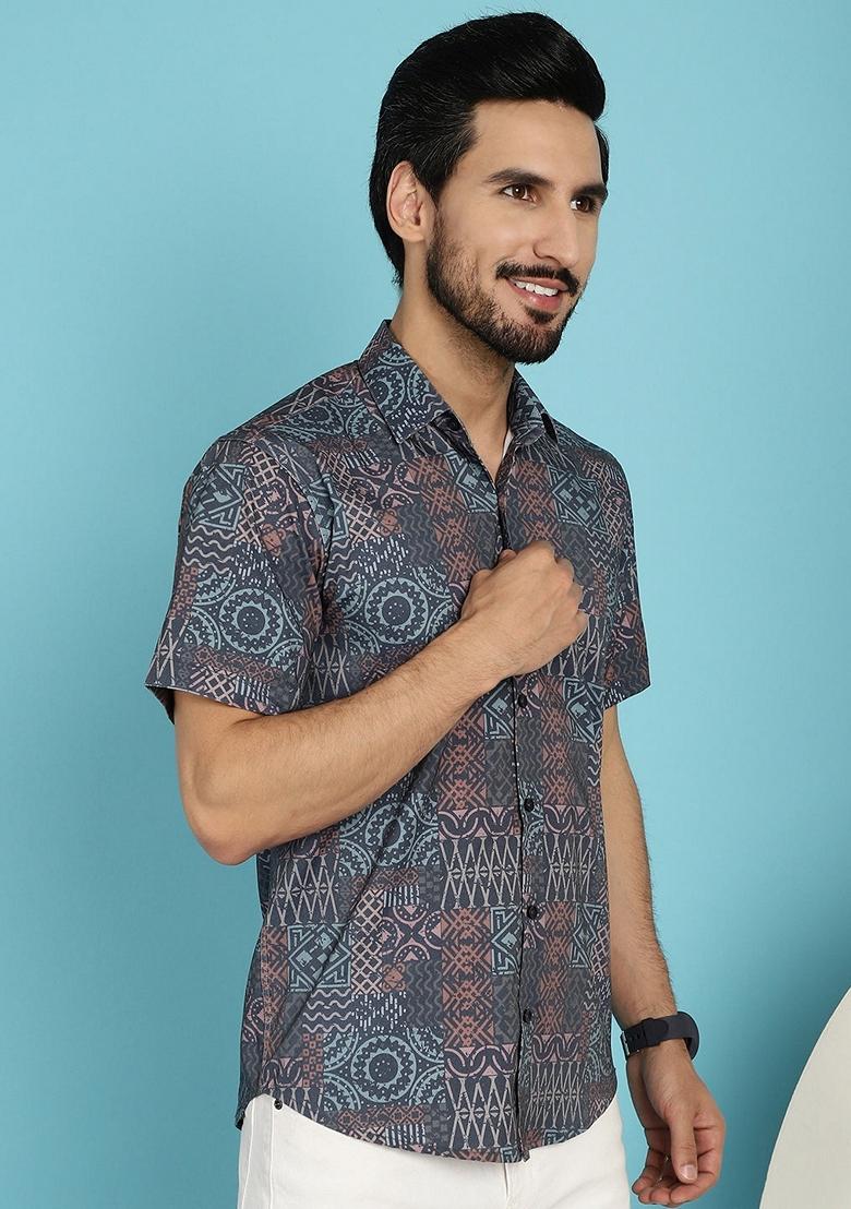 Grey Printed Cotton Blend Shirt For Men