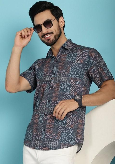 Grey Printed Cotton Blend Shirt For Men