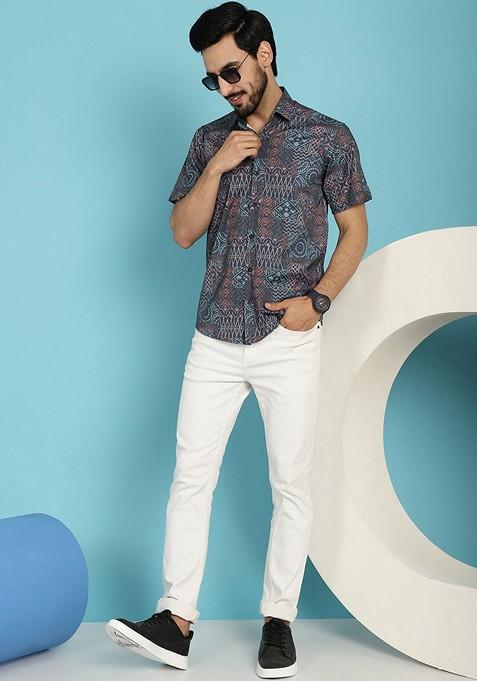 Grey Printed Cotton Blend Shirt For Men