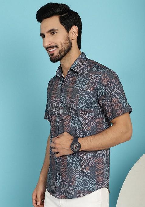Grey Printed Cotton Blend Shirt For Men