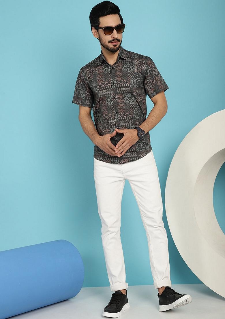 Grey Printed Cotton Blend Shirt For Men