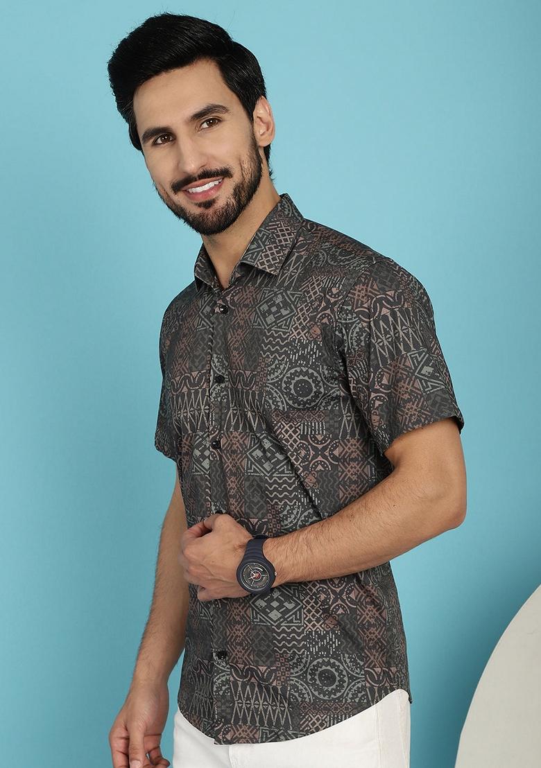 Grey Printed Cotton Blend Shirt For Men