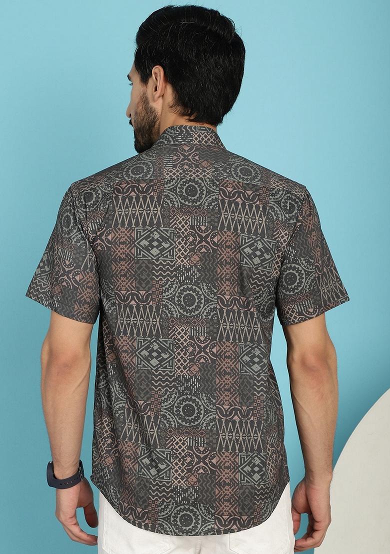 Grey Printed Cotton Blend Shirt For Men - Indya