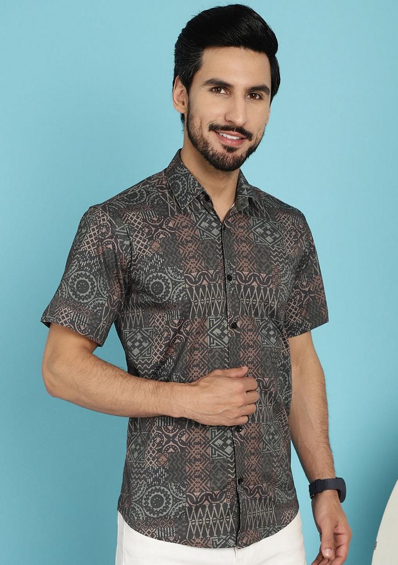Grey Printed Cotton Blend Shirt For Men