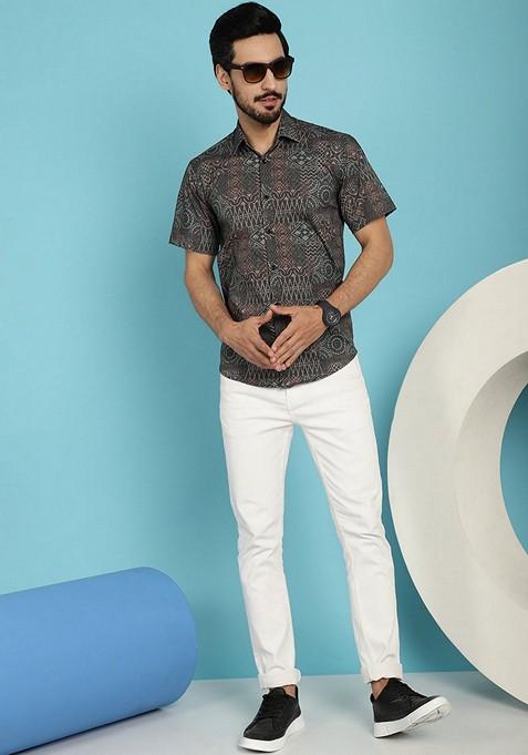 Grey Printed Cotton Blend Shirt For Men