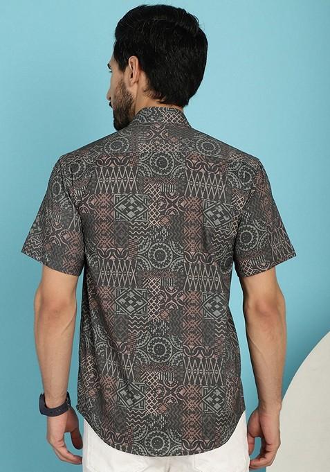 Grey Printed Cotton Blend Shirt For Men