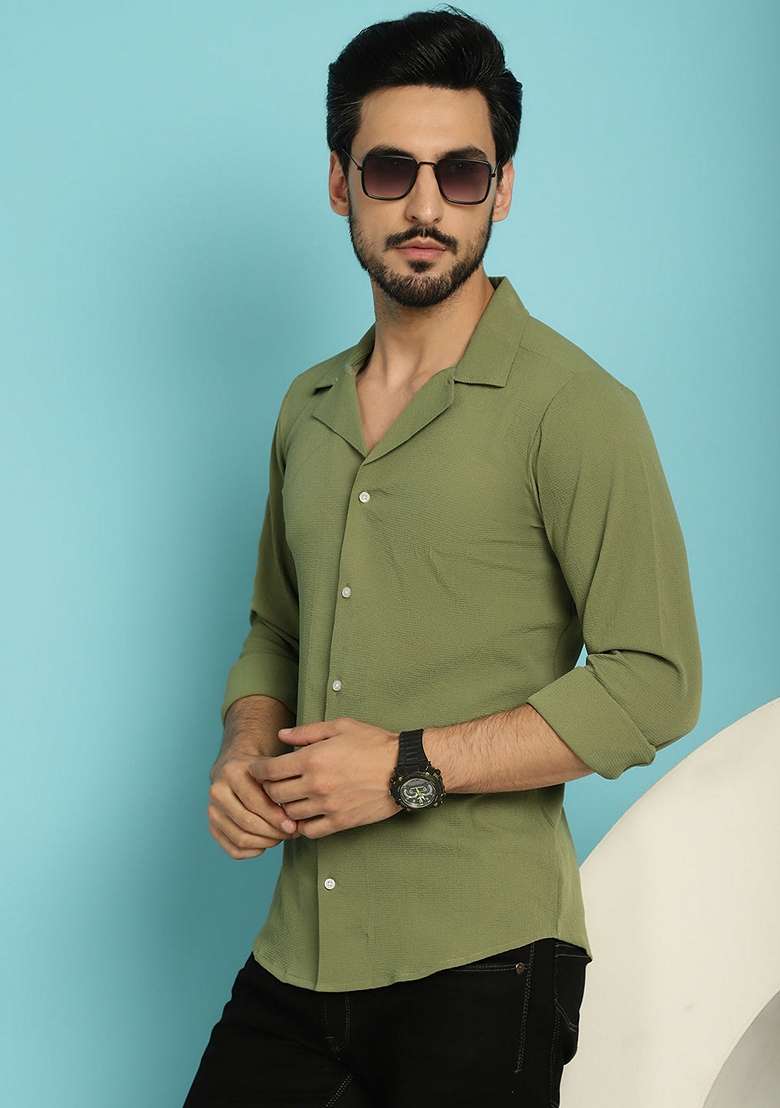 Olive Cotton Blend Shirt For Men - Indya
