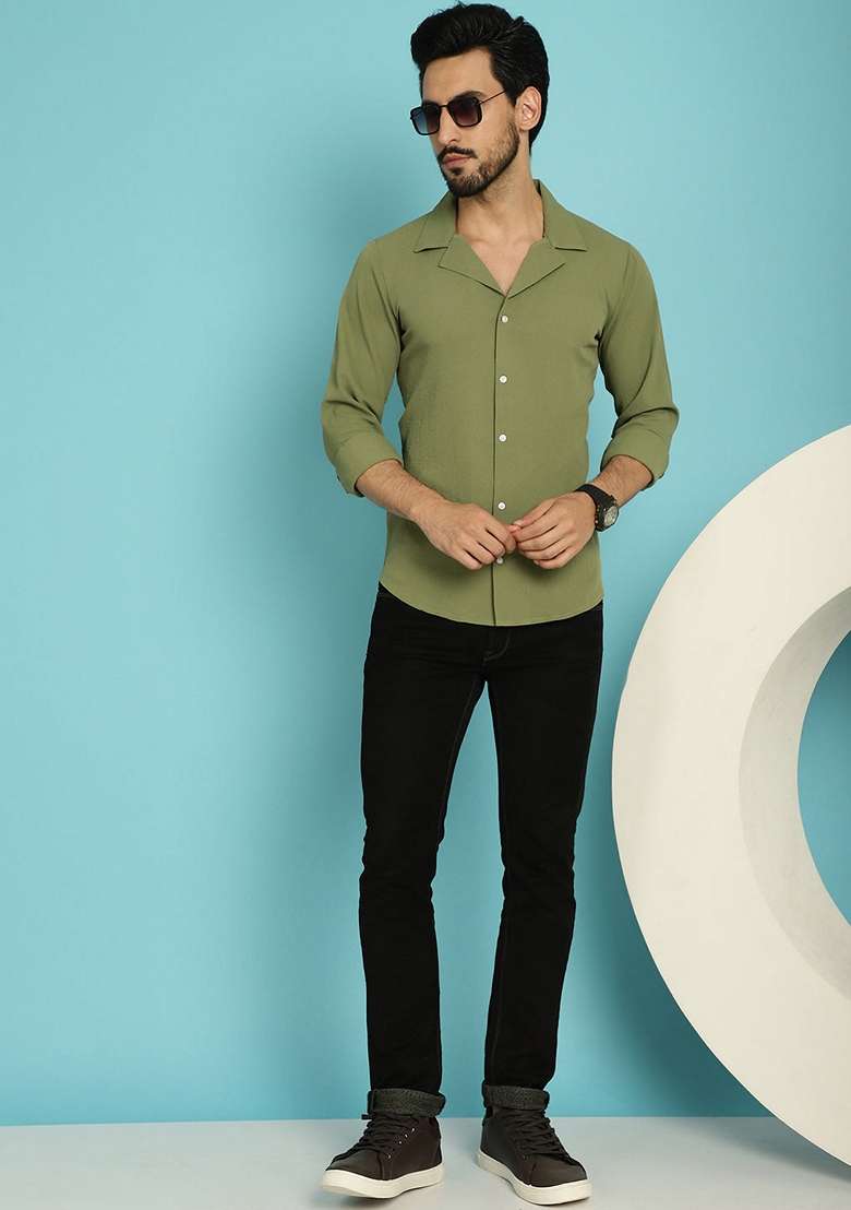 Olive Cotton Blend Shirt For Men - Indya