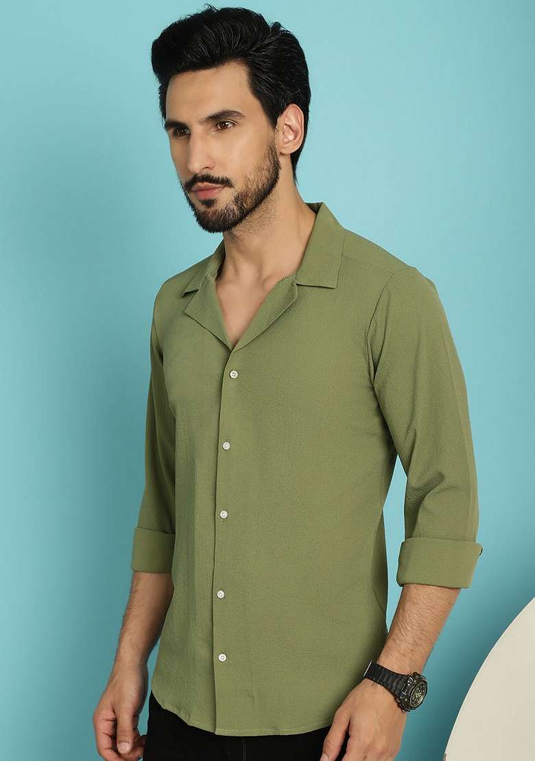 Olive Cotton Blend Shirt For Men - Indya