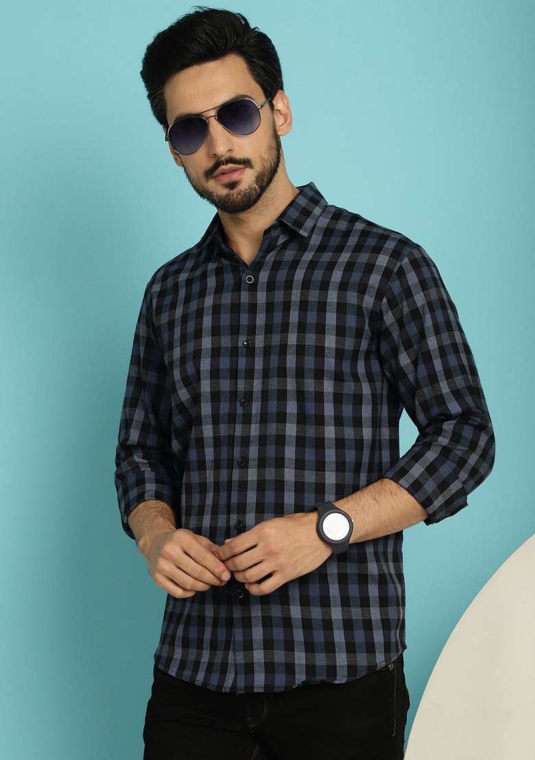 Navy Blue Printed Cotton Shirt For Men - Indya