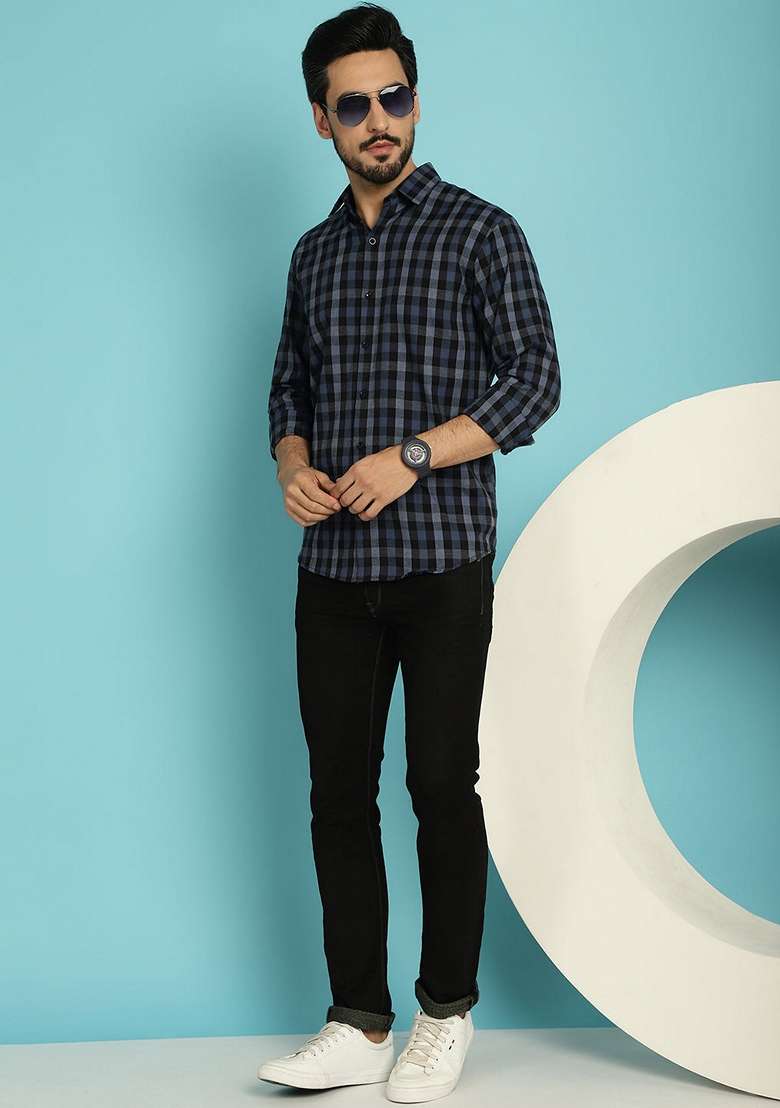 Navy Blue Printed Cotton Shirt For Men - Indya