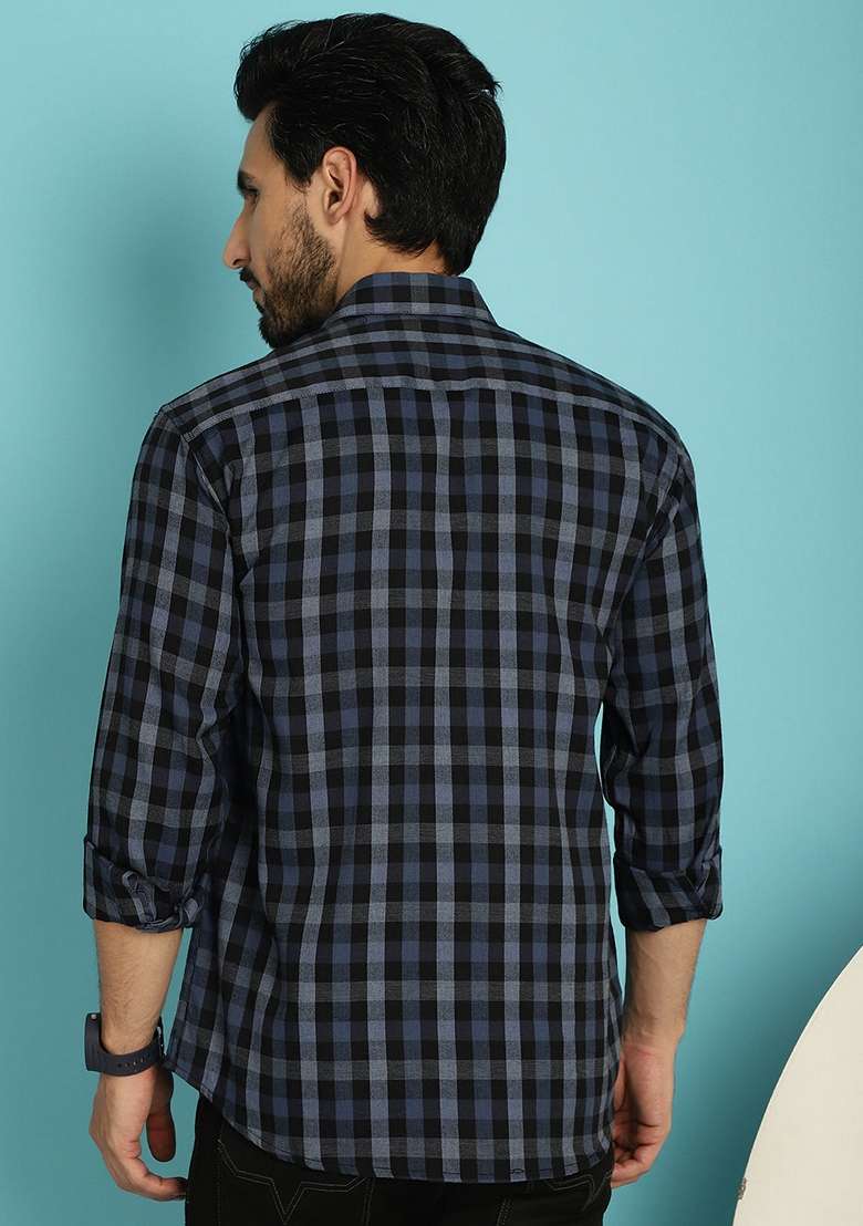Navy Blue Printed Cotton Shirt For Men - Indya
