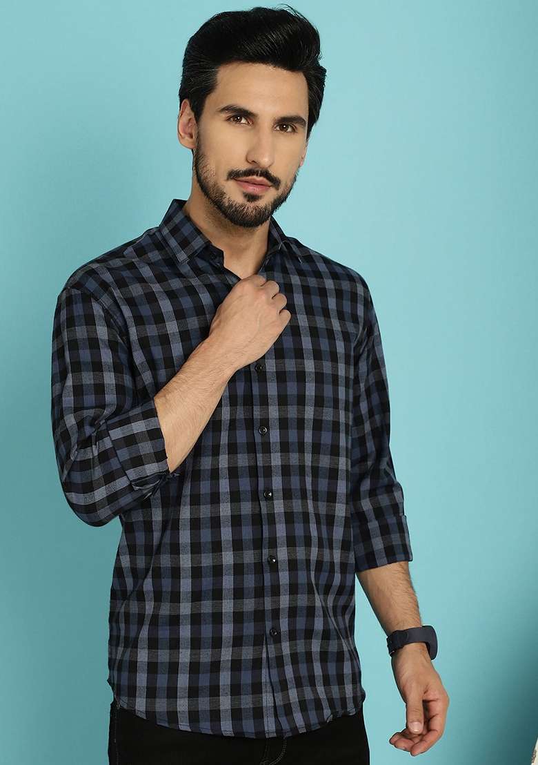 Navy Blue Printed Cotton Shirt For Men - Indya