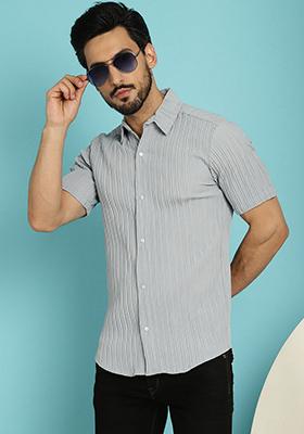 Grey Printed Cotton Blend Shirt For Men