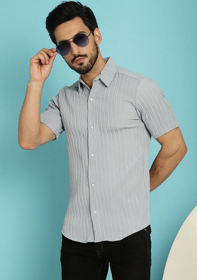 Grey Printed Cotton Blend Shirt For Men